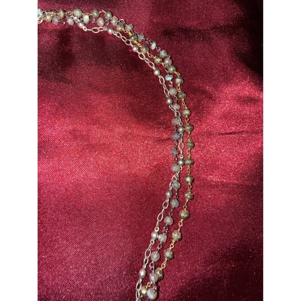 Boho Multi-Strand Beaded Necklace Mixed Metal Labradorite Pendant Layered Chain